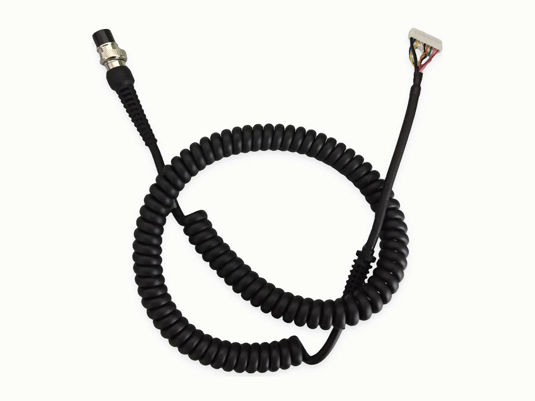 Black coiled communication cord with a circular connector and multiconductor terminal
