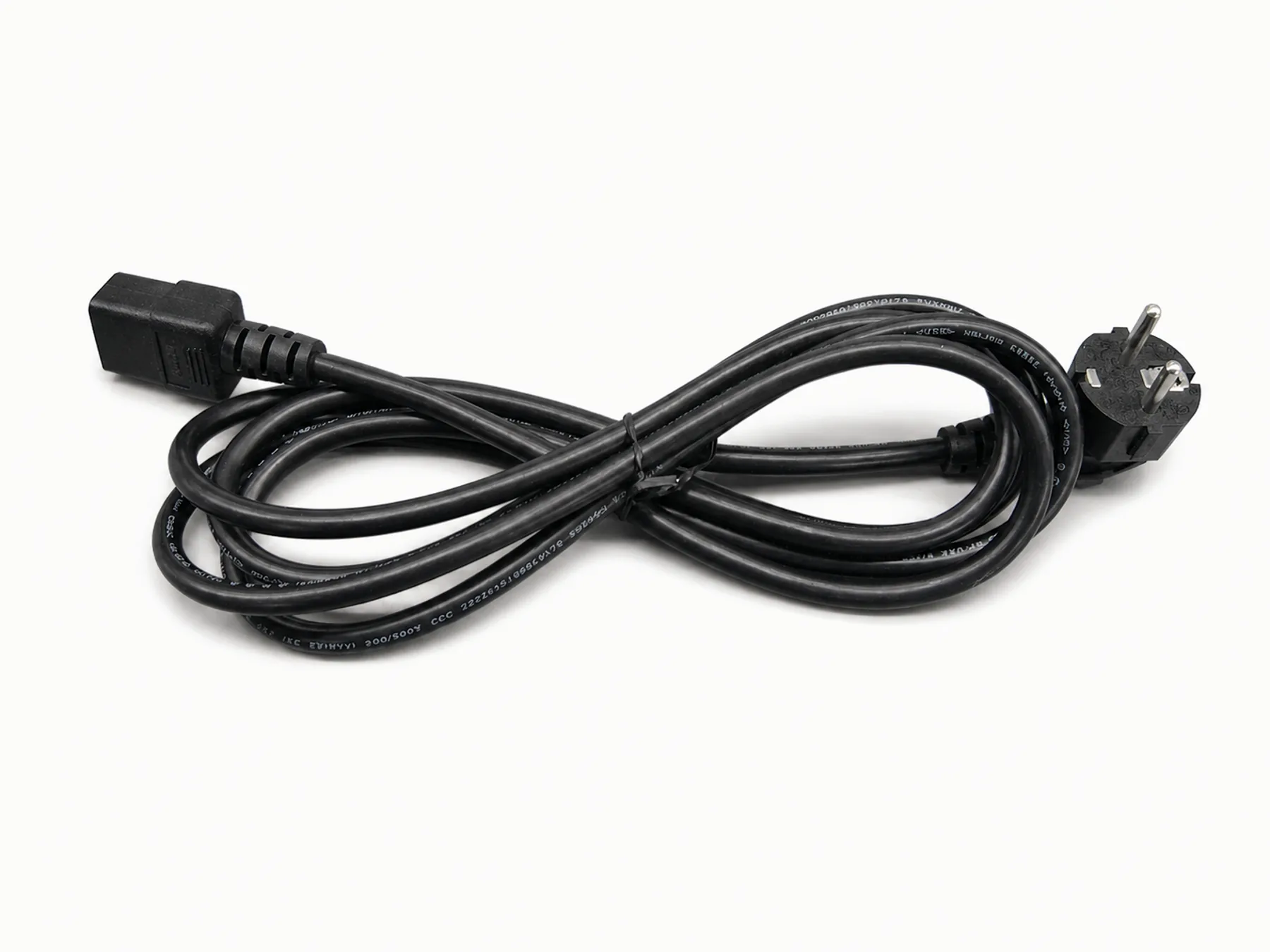 Black power cord with a two-pin EU plug and C19 equipment connector