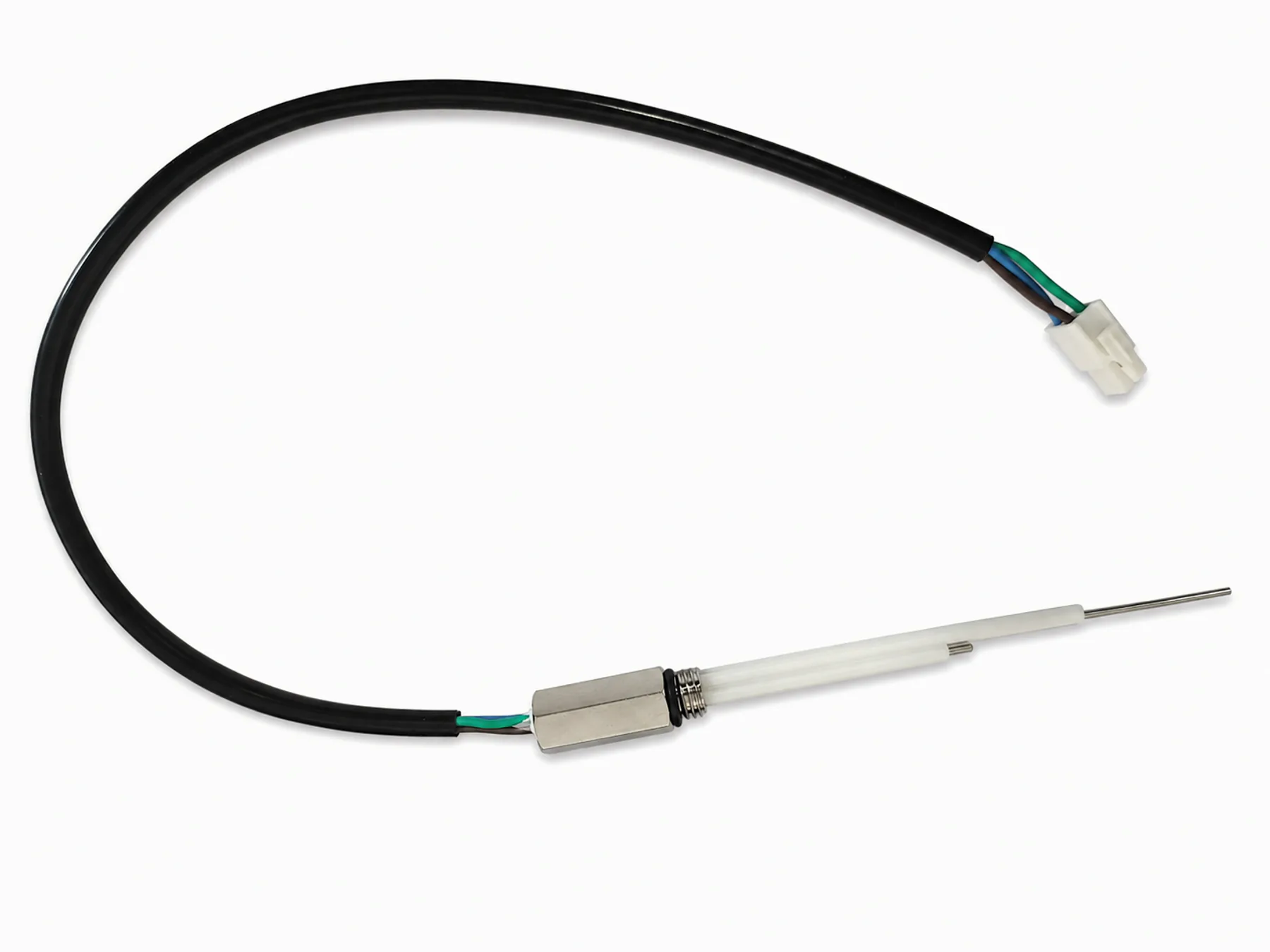Black water-level probe cable assembly with a white connector, metal body, and two probe sections